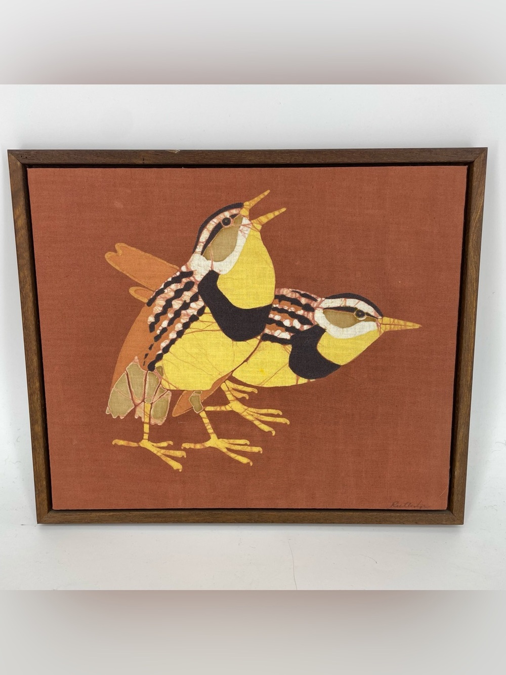 Vintage Batik Lithograph Pat Rutledge Two Songbirds Vintage MCM